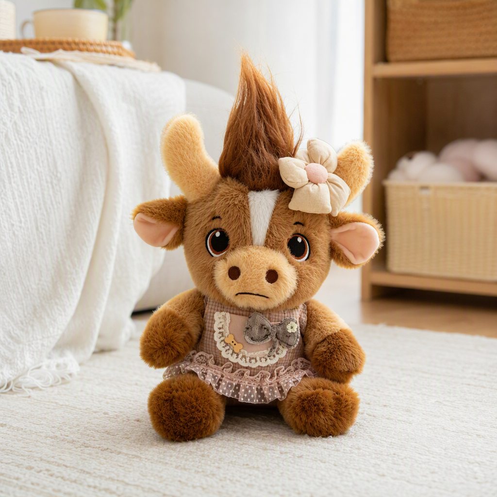Transfronterizo nuevo año de vaca juguetes de peluche venchuan recuerdos muñecas de dibujos animados lindos comercio exterior puede al por mayor niños brown peluche muñecas de vaca usar flores adornos de pelo encaje a cuadros delantal sentarse en flores hierba muñecas de peluche lindos details Picture