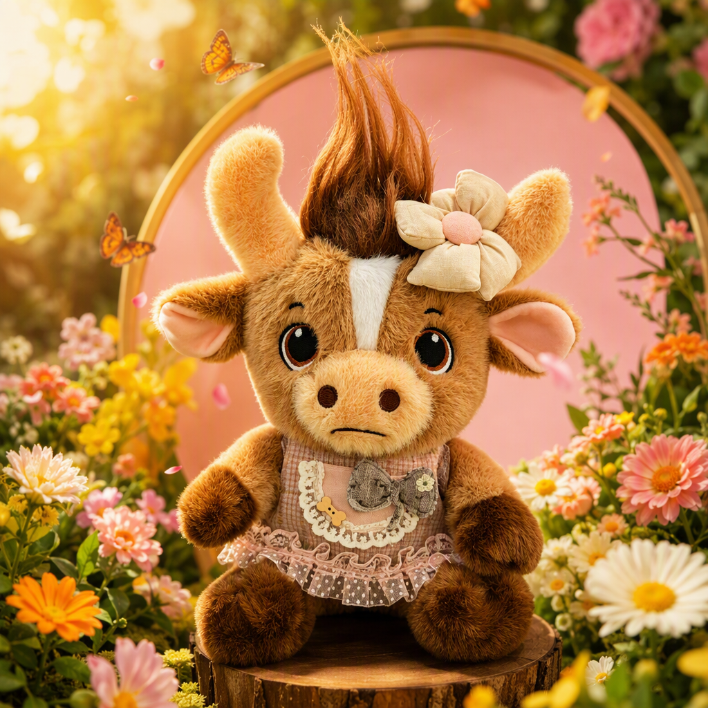 Transfronterizo nuevo año de vaca juguetes de peluche venchuan recuerdos muñecas de dibujos animados lindos comercio exterior puede al por mayor niños brown peluche muñecas de vaca usar flores adornos de pelo encaje a cuadros delantal sentarse en flores hierba muñecas de peluche lindos Application Scenario