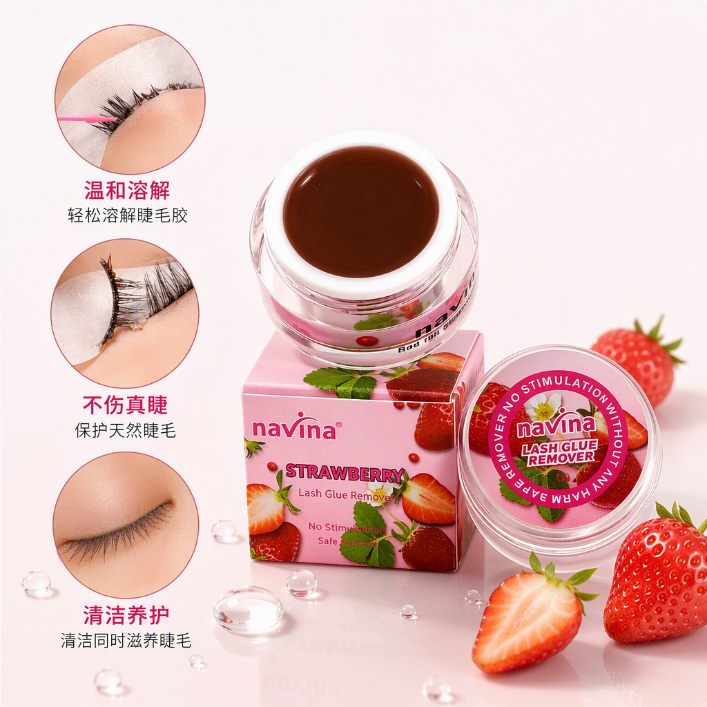Strawberry-flavored remover cream pink packaging, strawberry pattern, green leaf decoration, transparent lid, cream can, fresh water droplets decorated, skin care product