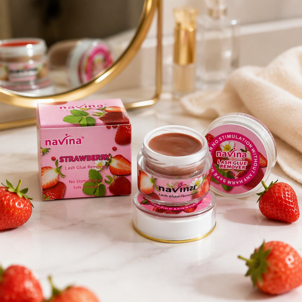 Strawberry-flavored remover cream pink packaging, strawberry pattern, green leaf decoration, transparent lid, cream can, fresh water droplets decorated, skin care product details Picture