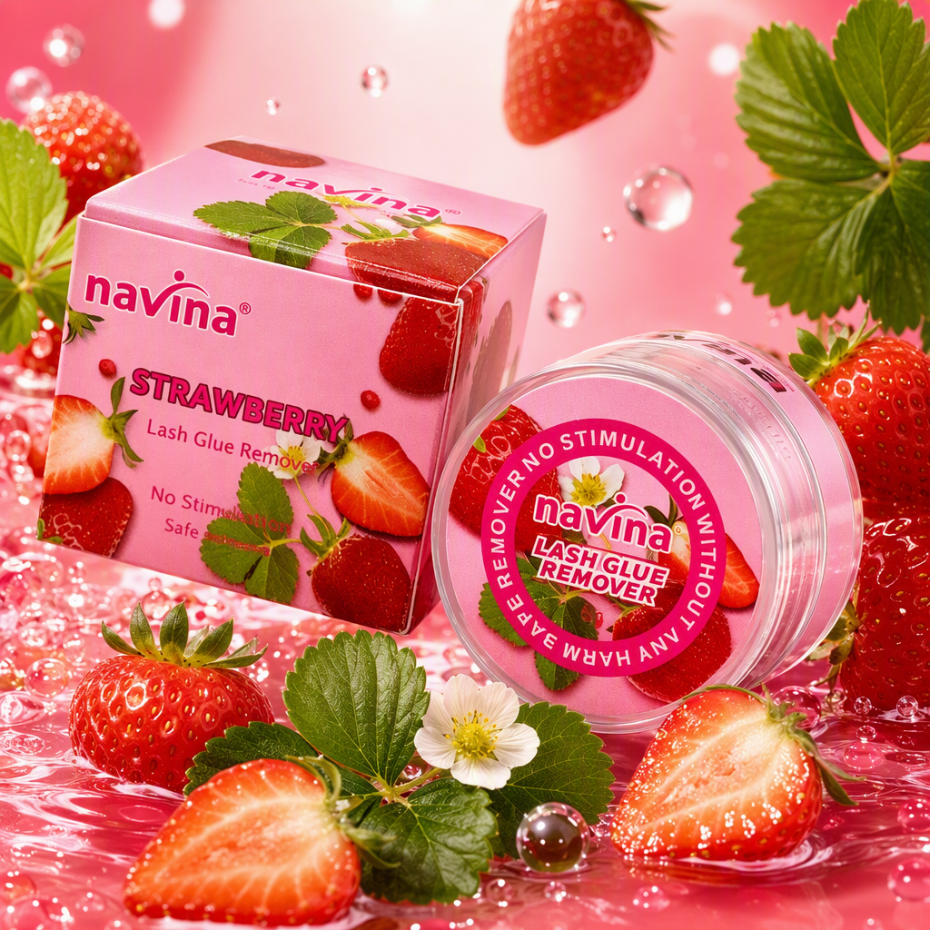 Strawberry-flavored remover cream pink packaging, strawberry pattern, green leaf decoration, transparent lid, cream can, fresh water droplets decorated, skin care product Specification image