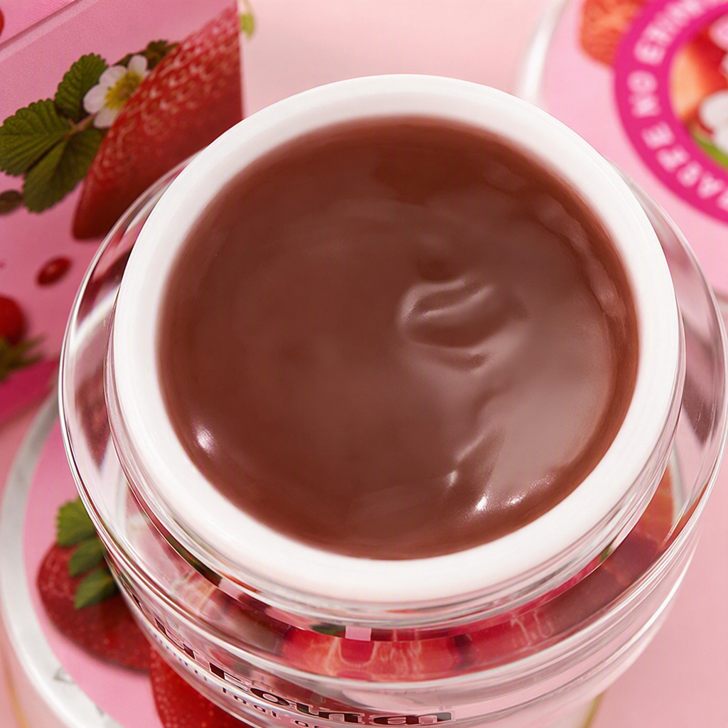 Strawberry-flavored remover cream pink packaging, strawberry pattern, green leaf decoration, transparent lid, cream can, fresh water droplets decorated, skin care product Application Scenario