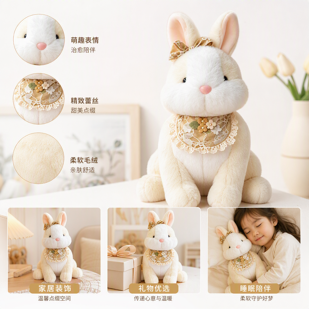 Vestido conejo pequeño versión sentada muñeca de peluche muñeca de juguete para el hogar dibujos animados lindos juguetes de animales comercio exterior al por mayor tres muñecas de conejo blanco rosado lindo muñeco para usar encaje babero arco moe suave regalos para niños Specification image
