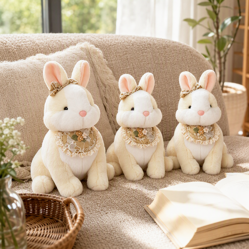 Vestido conejo pequeño versión sentada muñeca de peluche muñeca de juguete para el hogar dibujos animados lindos juguetes de animales comercio exterior al por mayor tres muñecas de conejo blanco rosado lindo muñeco para usar encaje babero arco moe suave regalos para niños details Picture