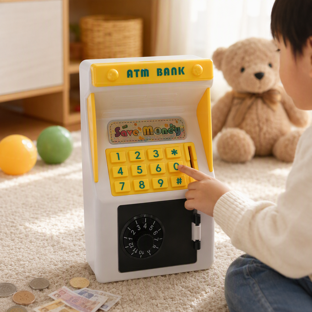 Children's simulated password piggy bank, fun financial management piggy bank, coin and banknote storage, safe, gift, toy