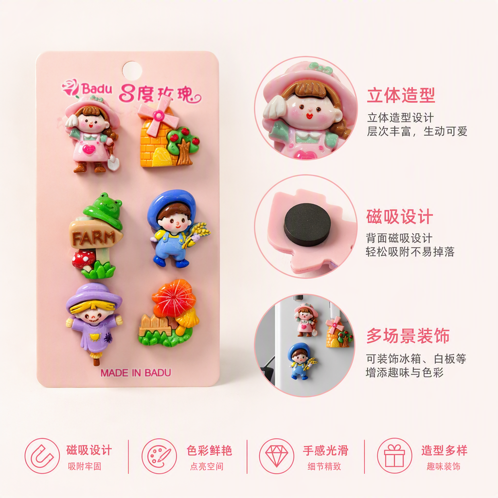 Six idylle wind cartoon badge tarjeta rosa decoración sombrero chica molinos de viento manzano rana indicador sombrero azul niño sombrero púrpura espantapájaros rojo amarillo hongos cerca creativo hecho a mano material