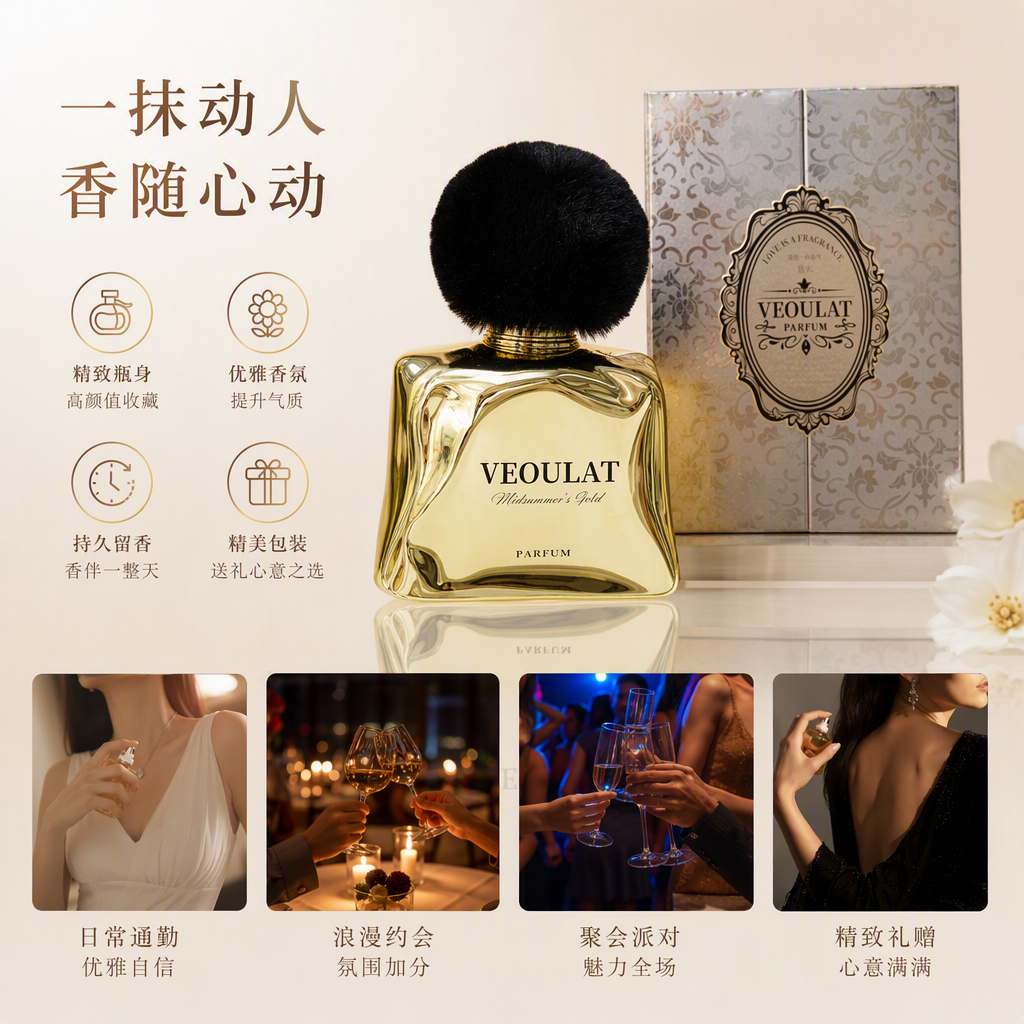 Luxurious golden perfume bottle with black pom-pom cap, long-lasting fragrance, elegant and fashionable fragrance gift box set