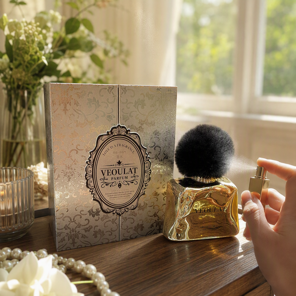 Luxurious golden perfume bottle with black pom-pom cap, long-lasting fragrance, elegant and fashionable fragrance gift box set details Picture