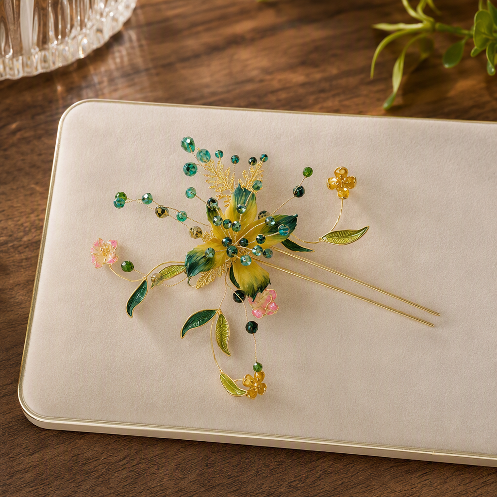 Golden hairpins with yellow, green, pink flower leaves and blue and green beaded elegant hair accessories, headwear, hair clips and hairpins details Picture