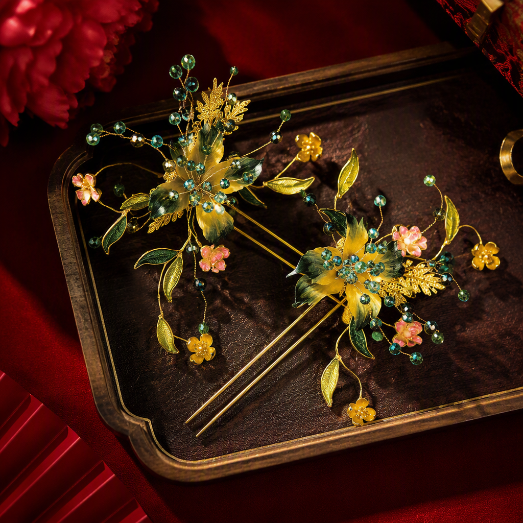 Golden hairpins with yellow, green, pink flower leaves and blue and green beaded elegant hair accessories, headwear, hair clips and hairpins Specification image