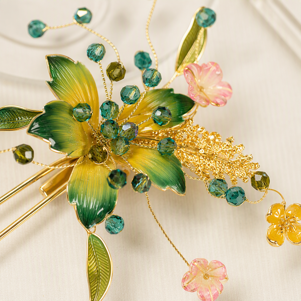 Golden hairpins with yellow, green, pink flower leaves and blue and green beaded elegant hair accessories, headwear, hair clips and hairpins Application Scenario
