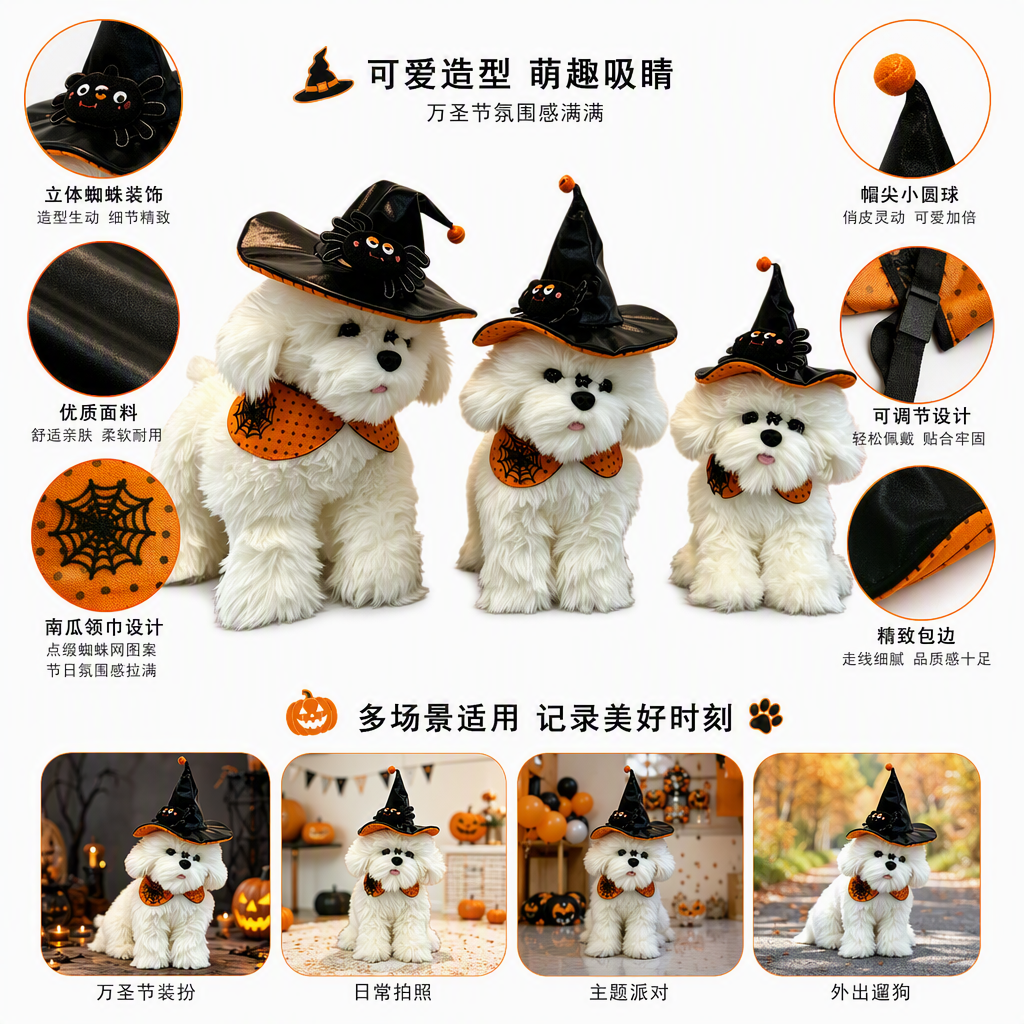 Halloween cachorros de peluche muñecas dibujos animados lindos animales perros venchuang recuerdos de vacaciones comercio exterior puede ser al por mayor mascotas cachorros sombreros mago bufandas pañuelos colgantes conjuntos halloween vestir accesorios para mascotas suministros para mascotas Specification image