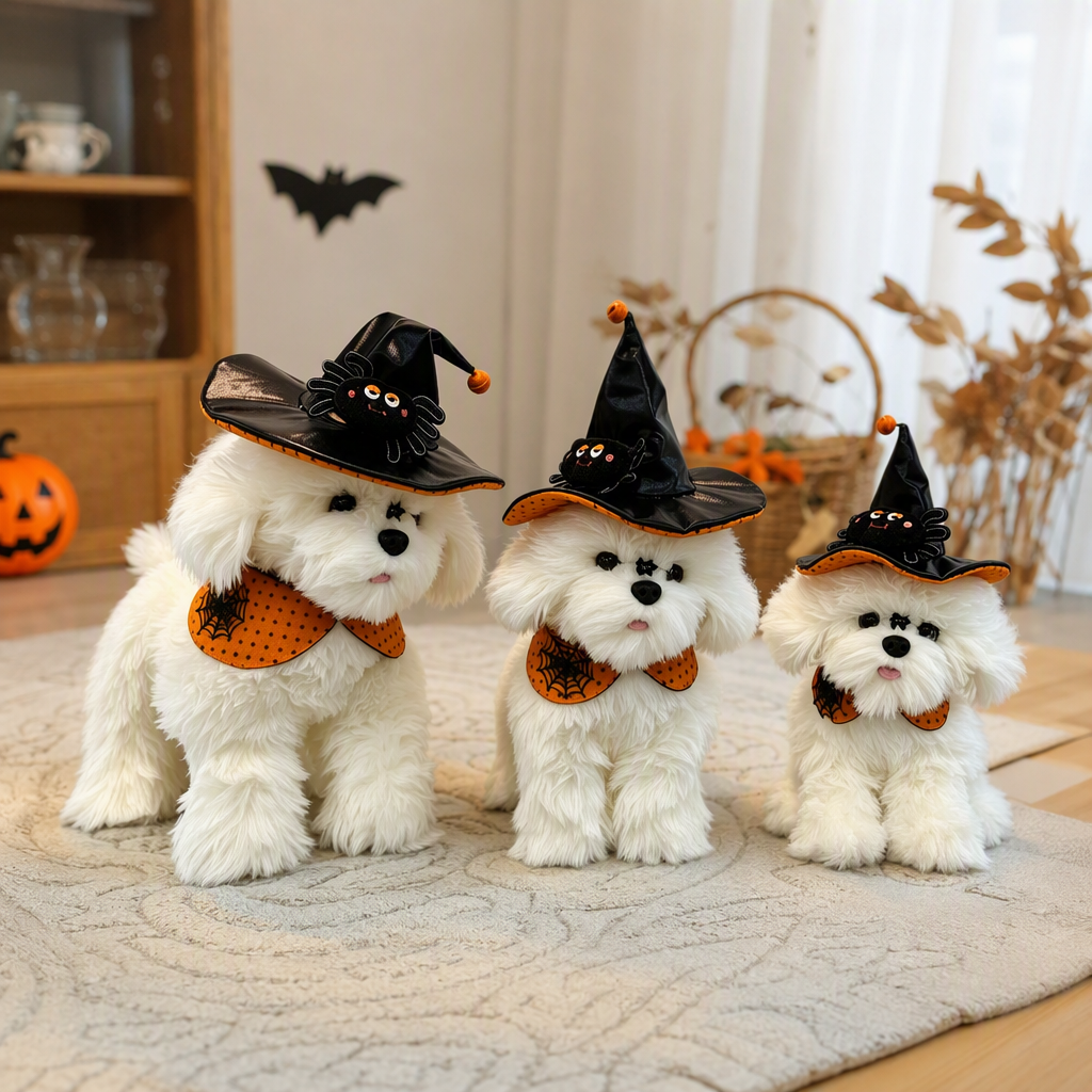 Halloween cachorros de peluche muñecas dibujos animados lindos animales perros venchuang recuerdos de vacaciones comercio exterior puede ser al por mayor mascotas cachorros sombreros mago bufandas pañuelos colgantes conjuntos halloween vestir accesorios para mascotas suministros para mascotas details Picture