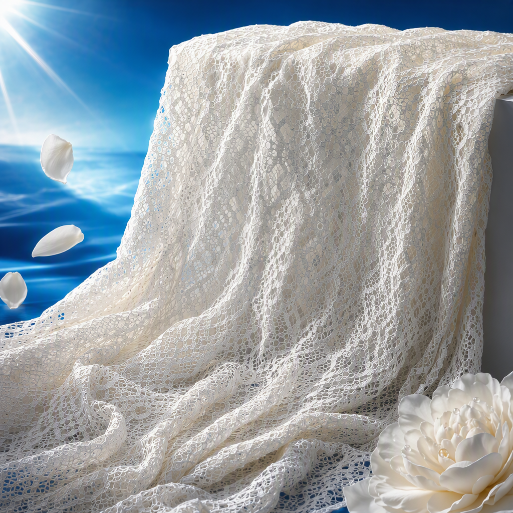 Jinmao grid millet feather yarn, elegant white lace fabric, soft and breathable, suitable for DIY clothing, wedding dresses and handcrafted materials Specification image
