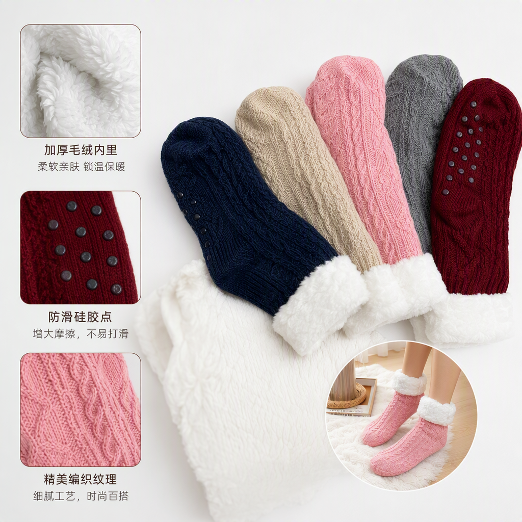 Five pairs of colorful knitted anti-slip socks with white fleece edges at the top, comfortable and breathable, for family sports and casual wear Five pairs of colorful knitted anti-slip socks with white fleece edges at the top, comfortable and breathable, for family sports and casual wear