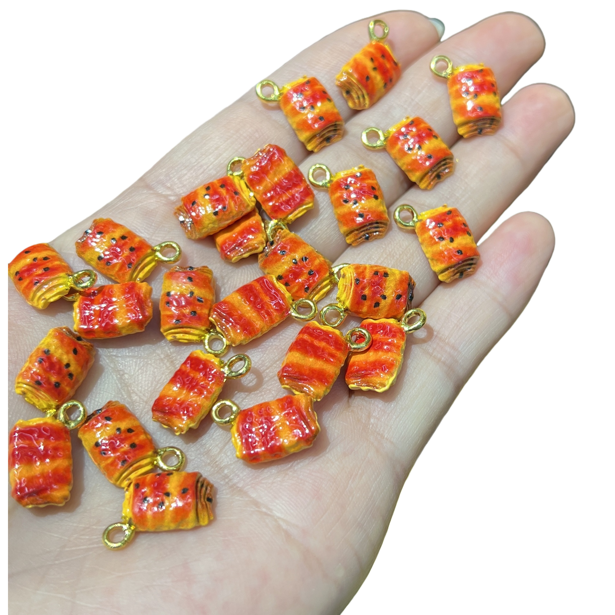 Orange-red striped roll-shaped pendant holder, multiple three-dimensional food ornaments, black dots decorated with golden rings, fashionable and personalized pendant Item Picture