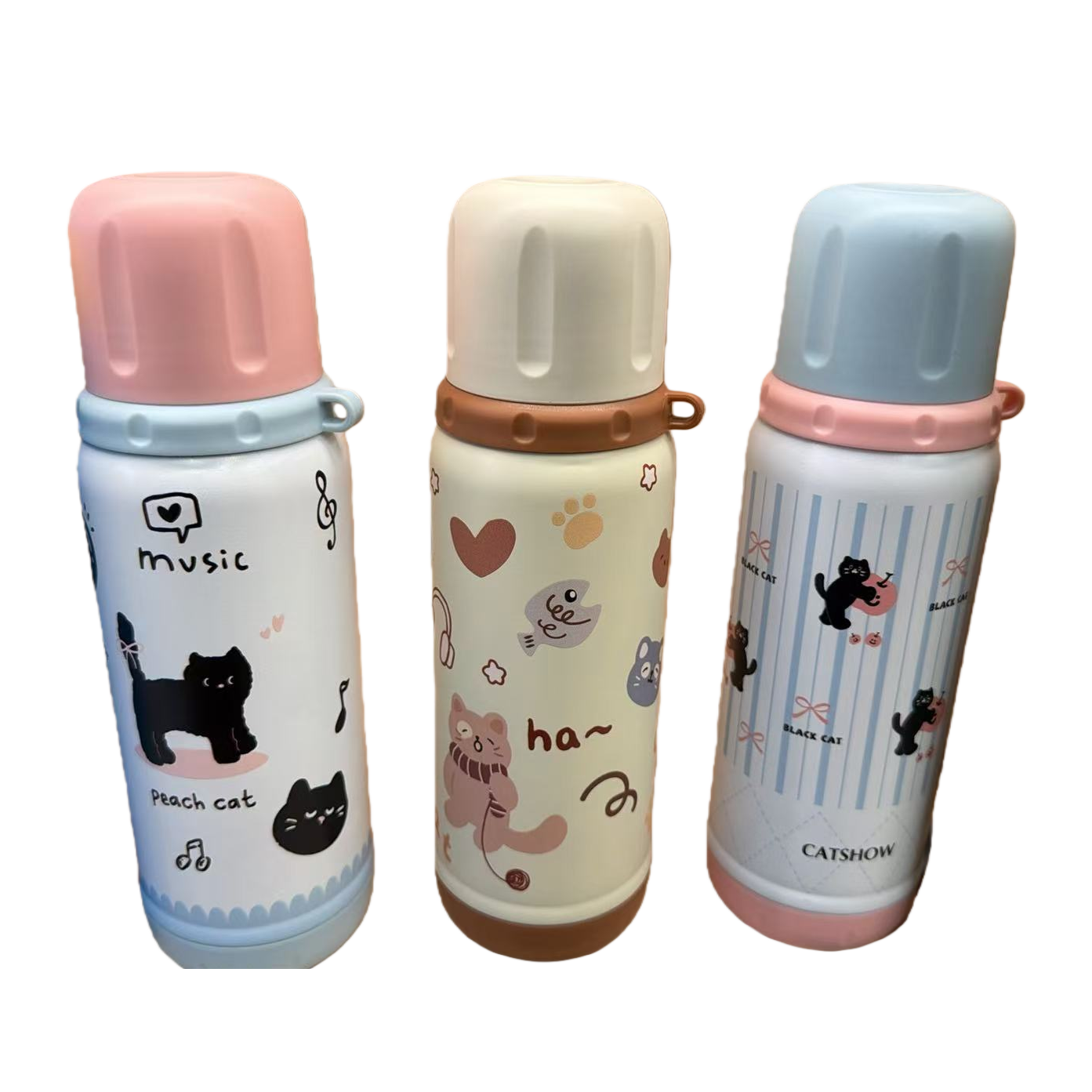 Cute cat-patterned thermos cup, multi-color lid, white bottle body, heat-resistant and heat-insulating portable student office gift Item Picture