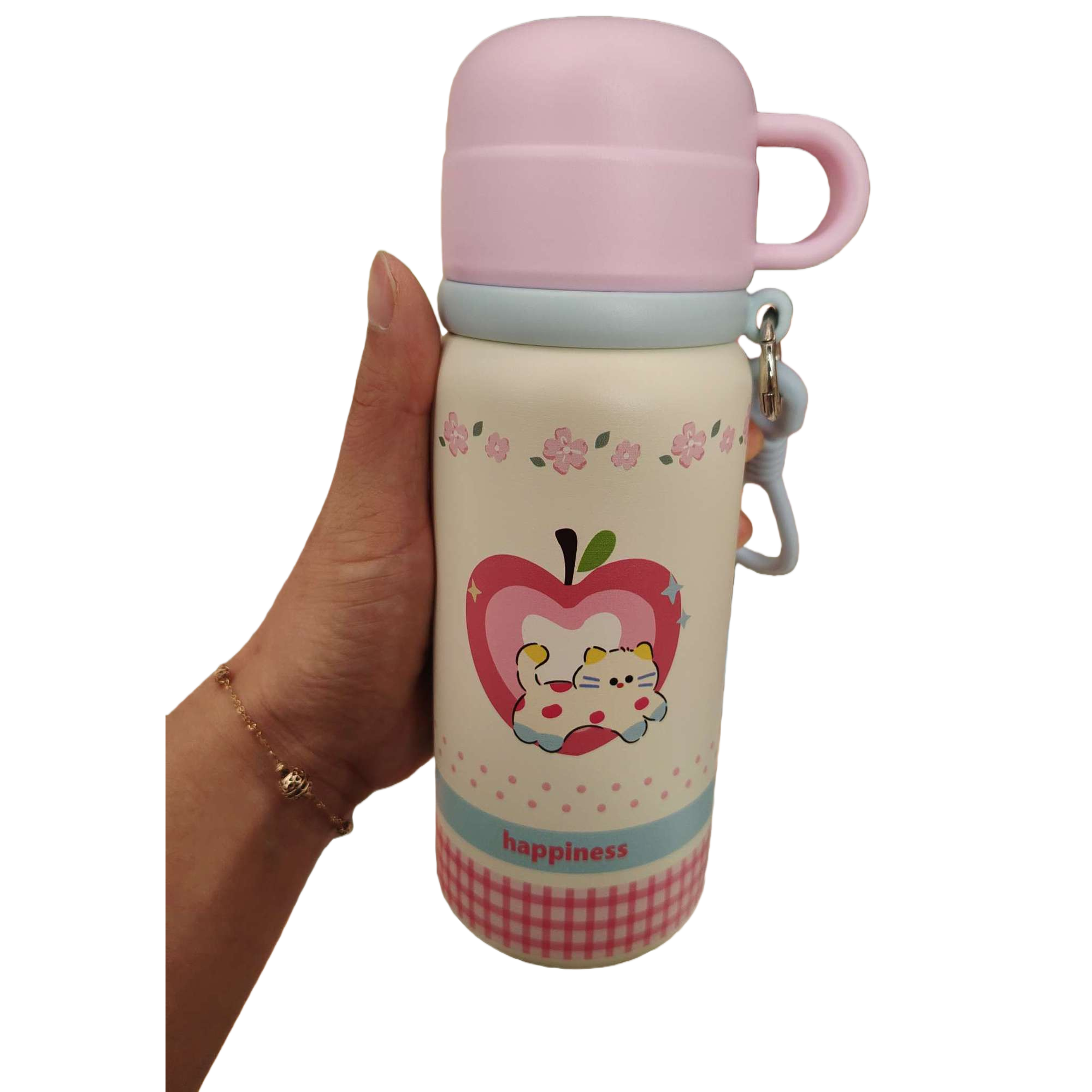Pink lid water cup with apple cat pattern and the word "Happiness", fashionable, portable and heat-resistant student creative water cup Item Picture