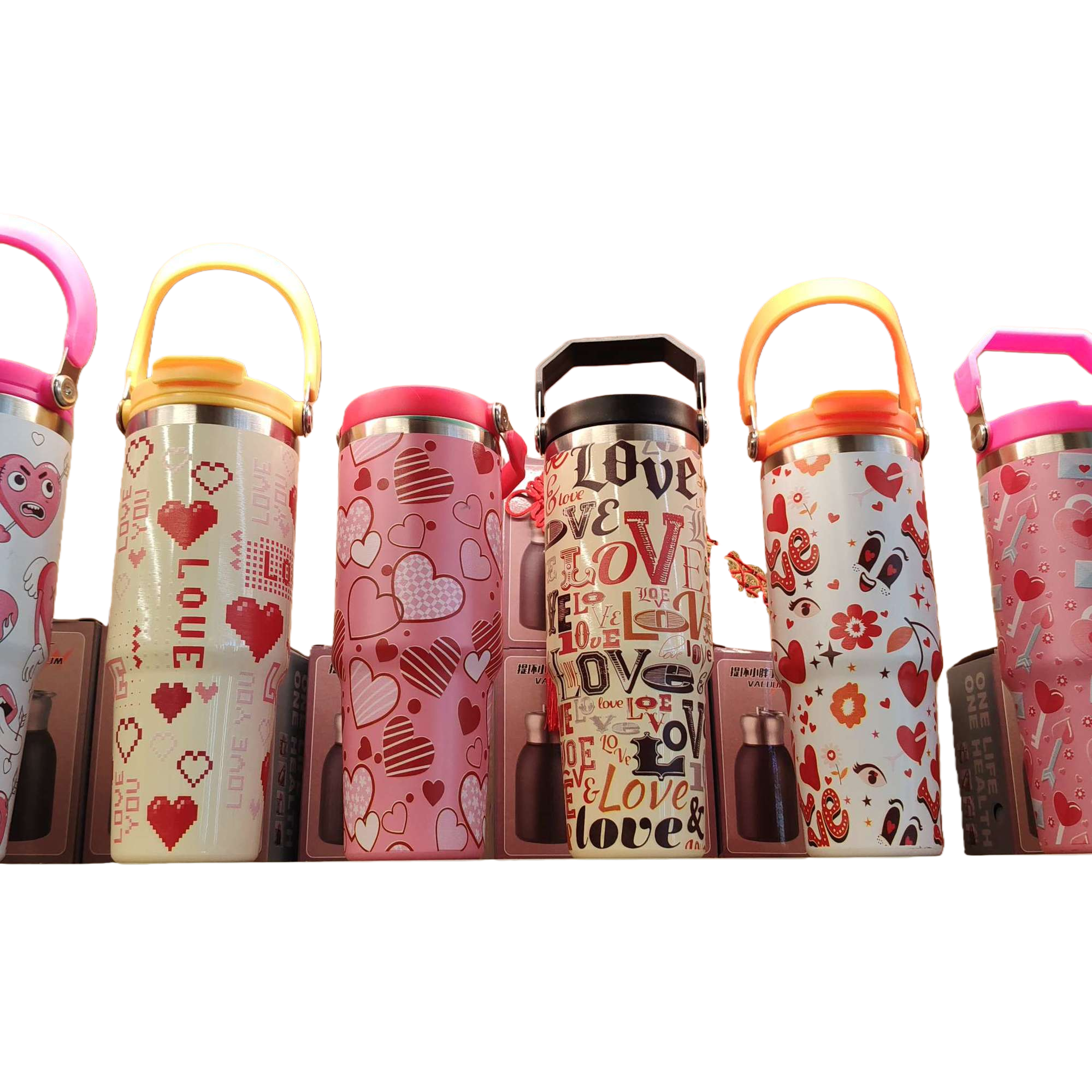 Creative colorful heart-shaped pattern thermos cups, large-capacity portable thermos water bottles, fashionable couple designs, student outdoor sports products Item Picture