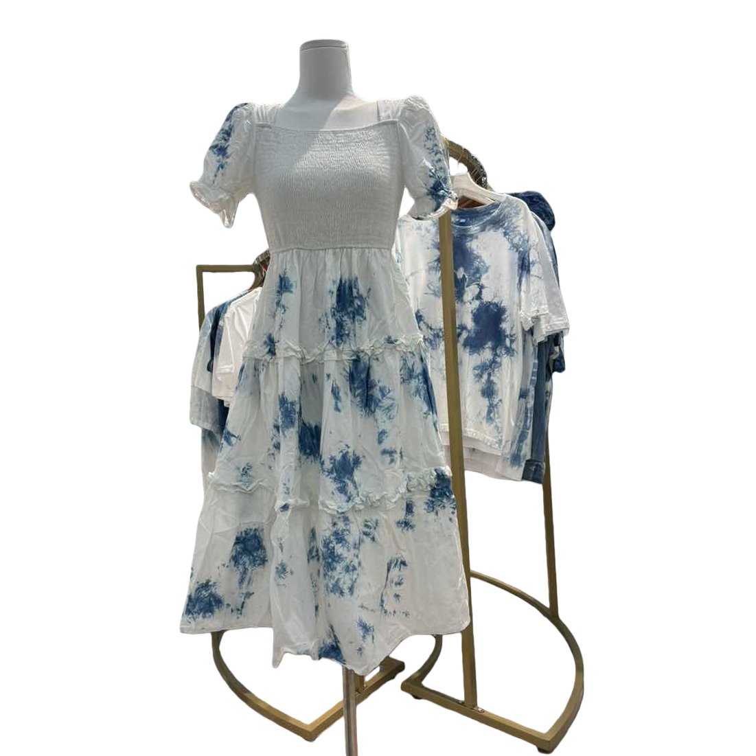 النسخة الكورية تأخذ تنورة طويلة الأكمام الطويلة، تنورة بيضاء ذات اللون الازرق والأنوثة Item Picture