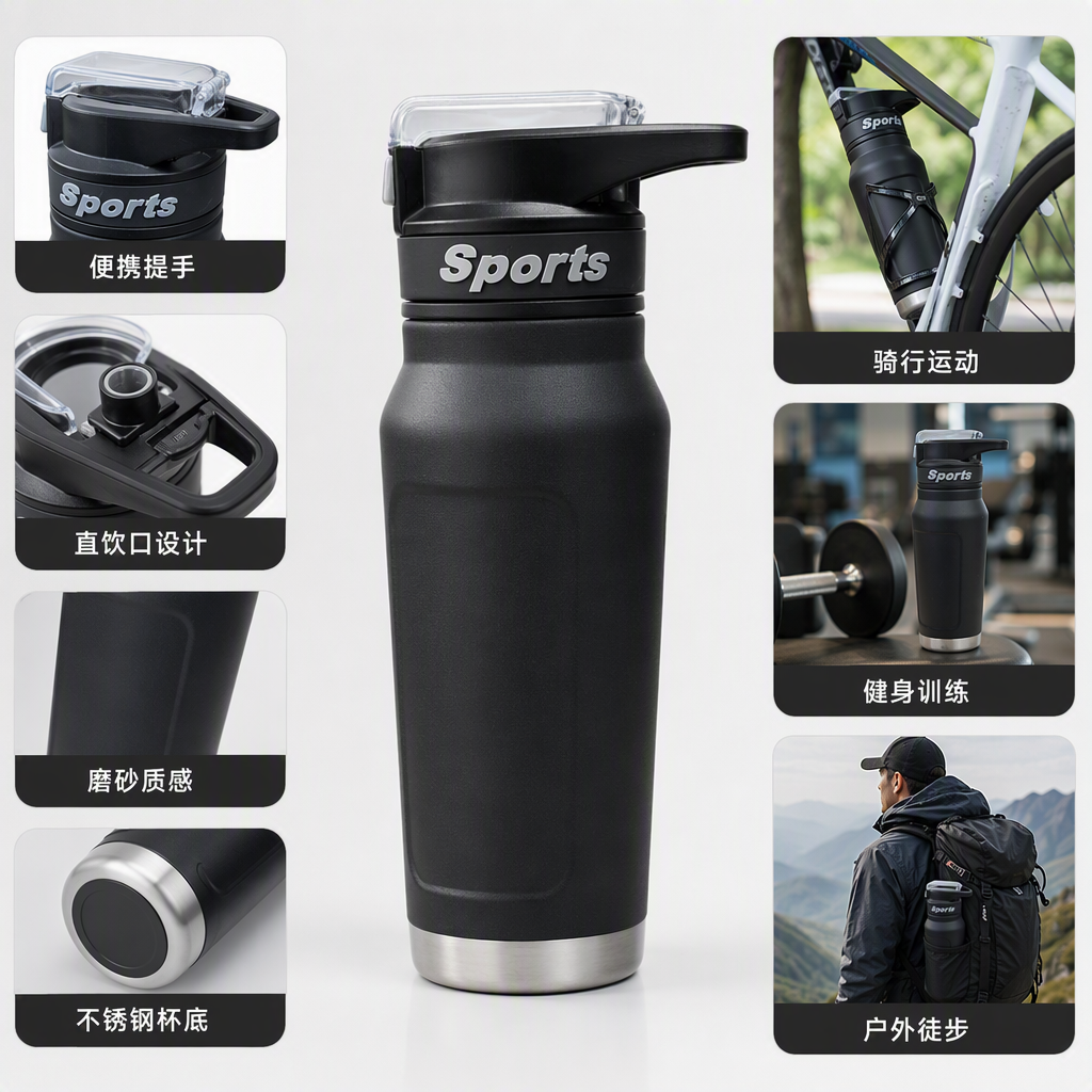 Heat-resistant sports water cup, large-capacity leak-proof portable black plastic water bottle, sports outdoor drinking cup