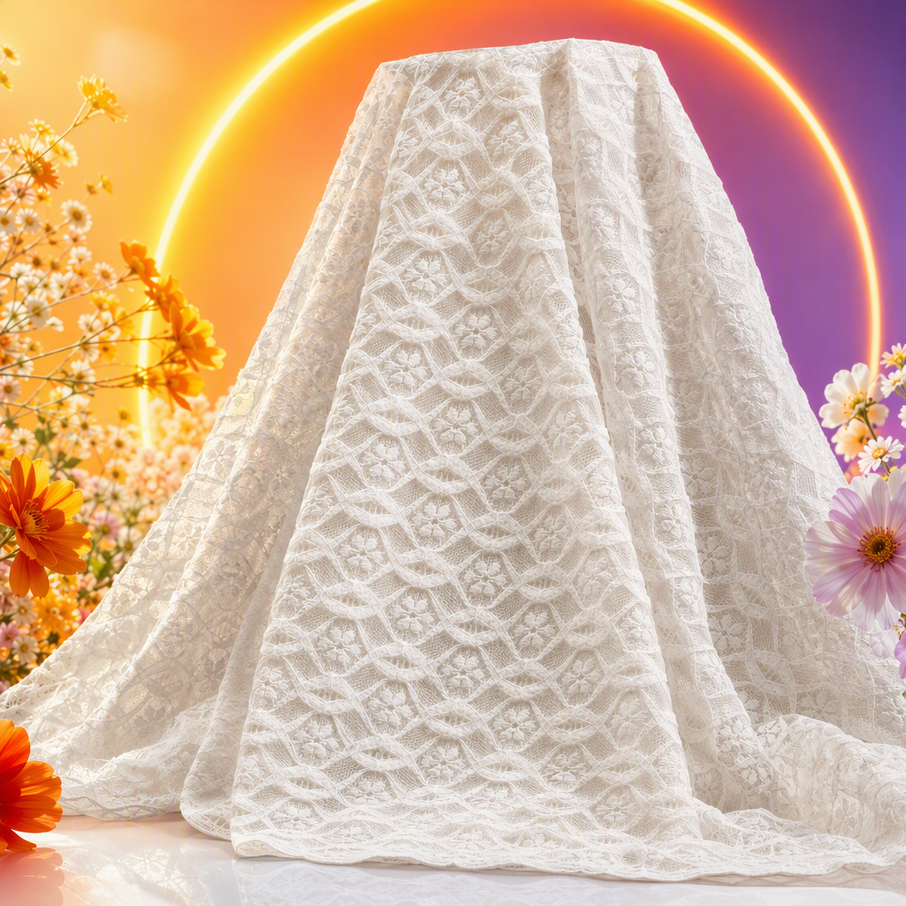 Snowflake feather yarn, elegant white lace fabric, soft and breathable wedding dress and clothing decoration material, DIY handcrafted fabric Specification image