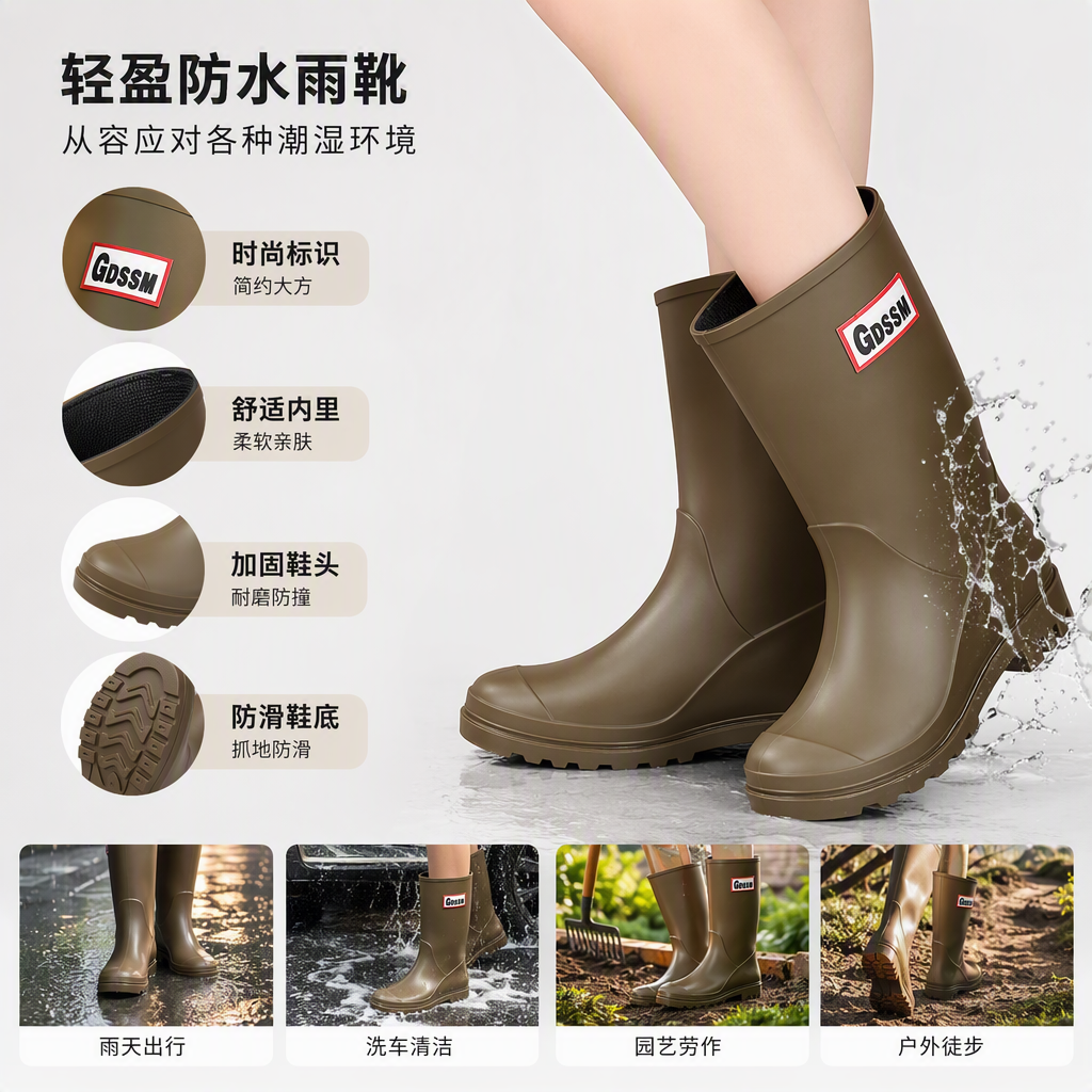 彩色女式防水雨靴户外沙滩水鞋舒适防滑女鞋回力雨鞋女款
