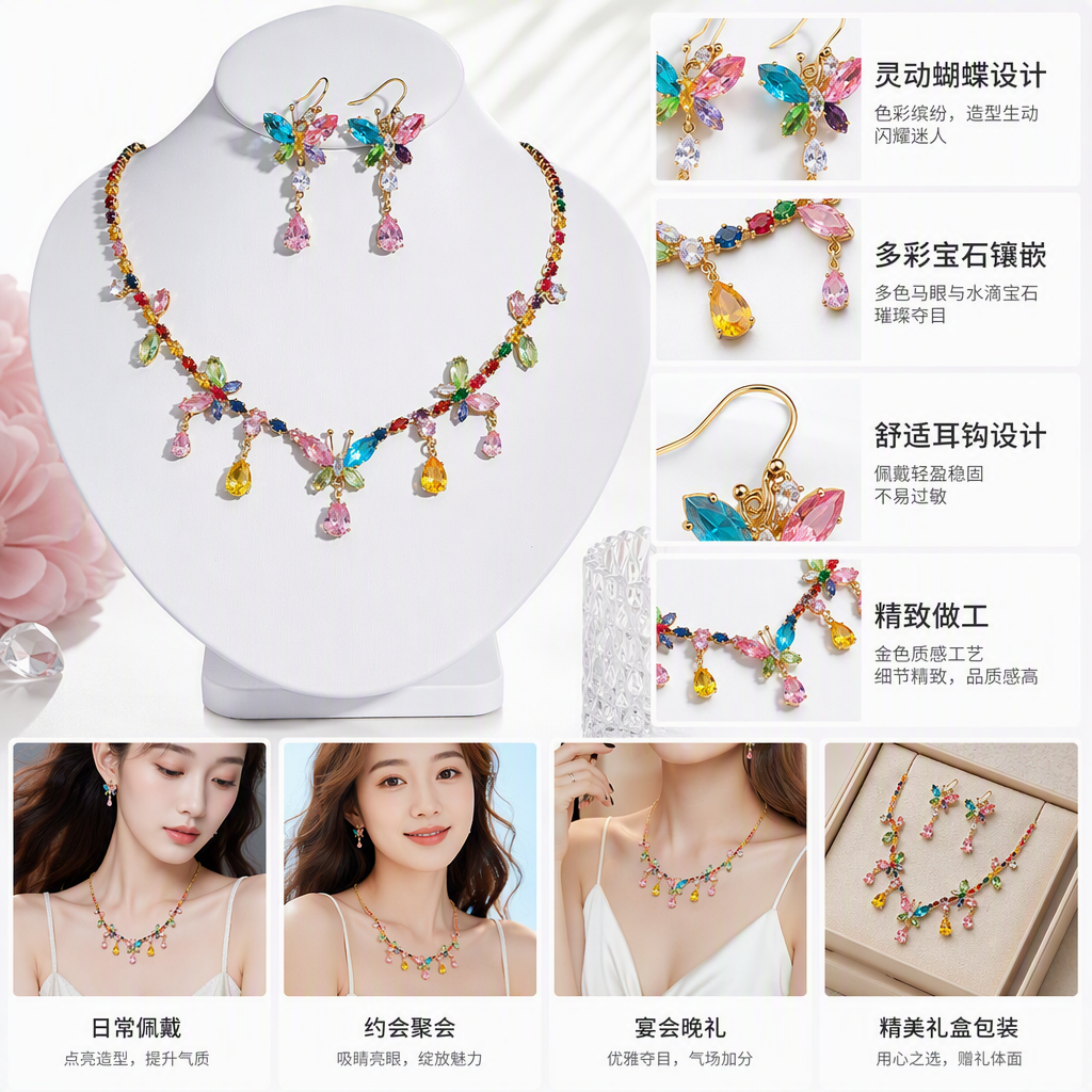 彩色蝴蝶造型珠宝套装项链耳环时尚饰品情侣礼物赠品精品配饰