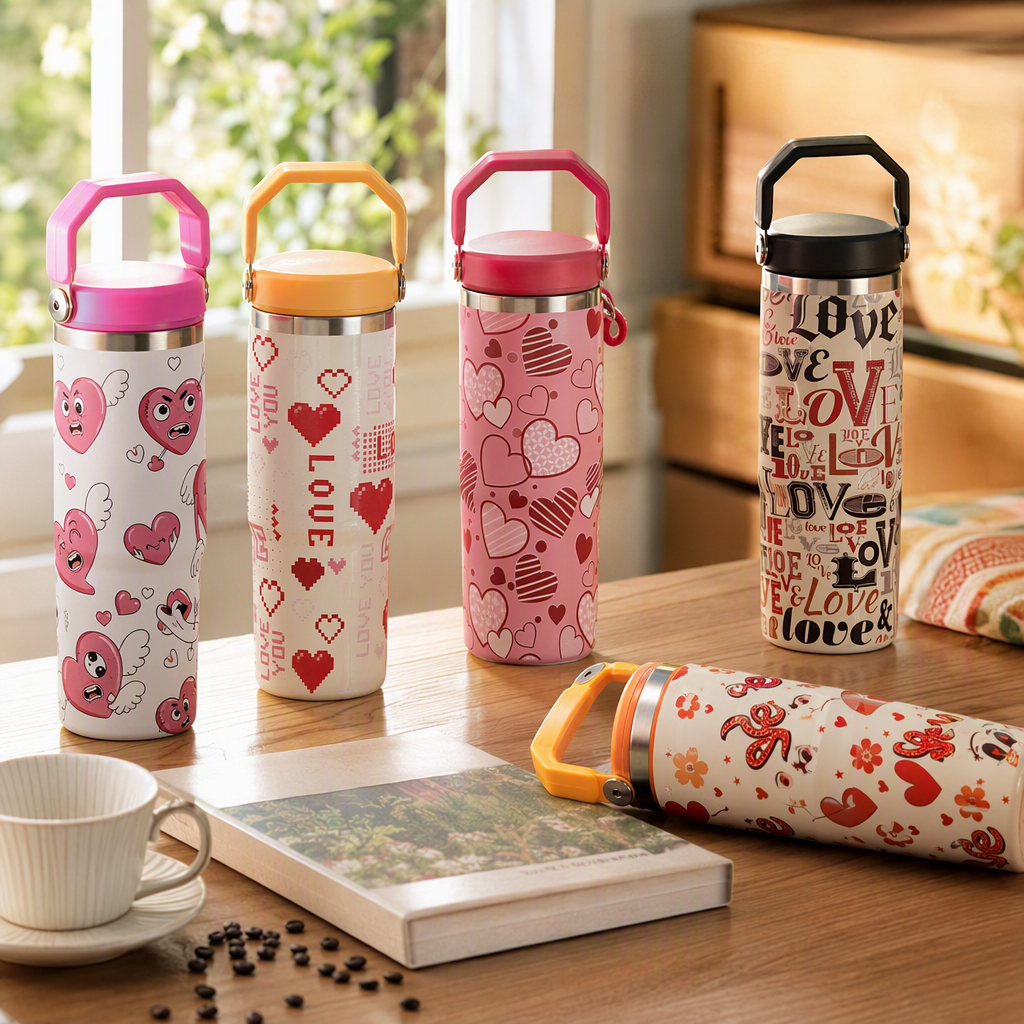 Creative colorful heart-shaped pattern thermos cups, large-capacity portable thermos water bottles, fashionable couple designs, student outdoor sports products details Picture