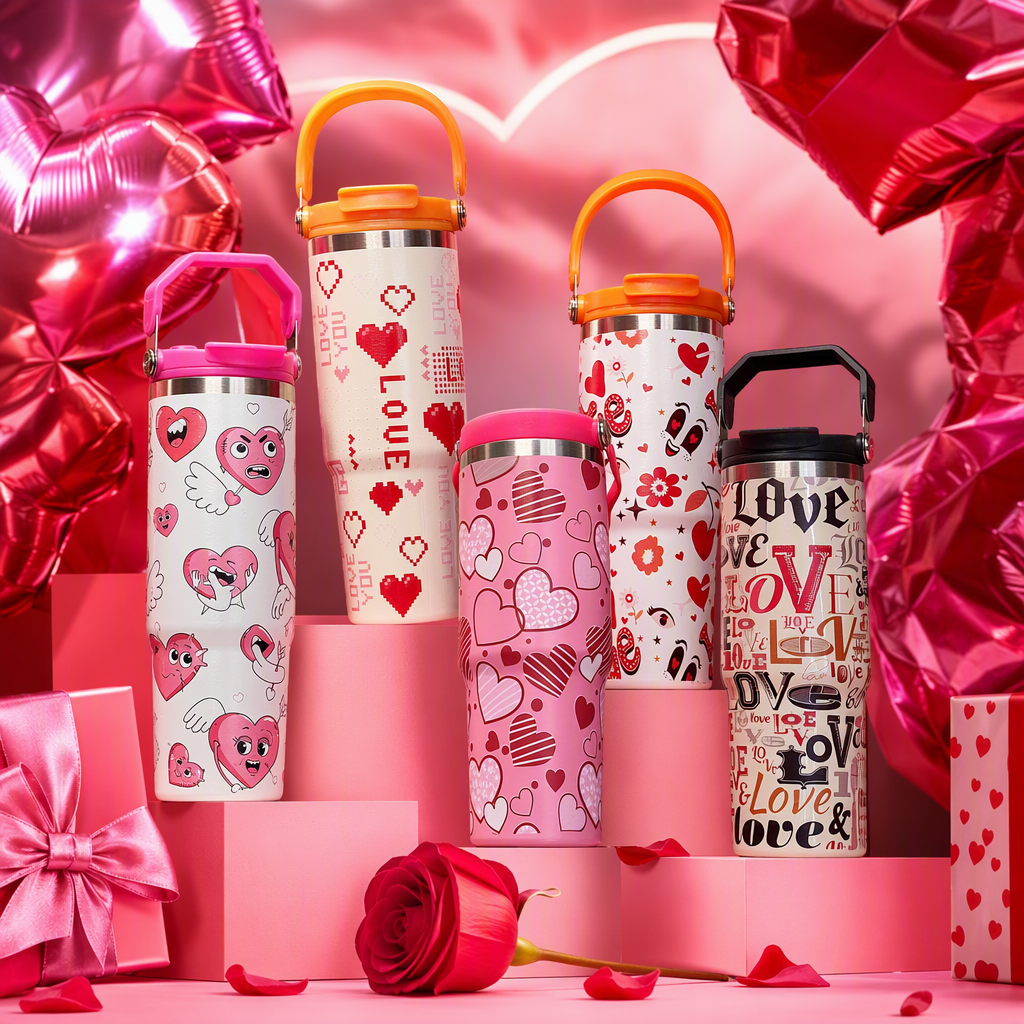 Creative colorful heart-shaped pattern thermos cups, large-capacity portable thermos water bottles, fashionable couple designs, student outdoor sports products Specification image