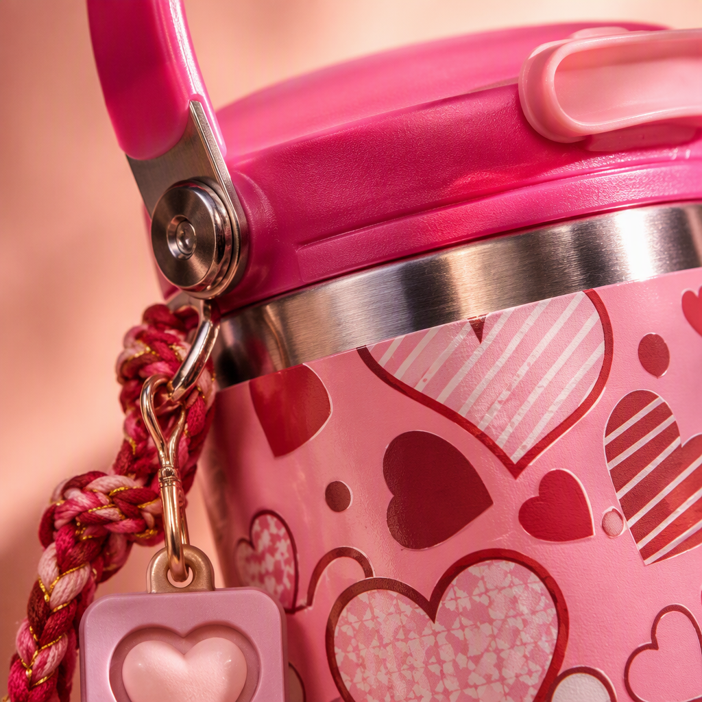 Creative colorful heart-shaped pattern thermos cups, large-capacity portable thermos water bottles, fashionable couple designs, student outdoor sports products Application Scenario