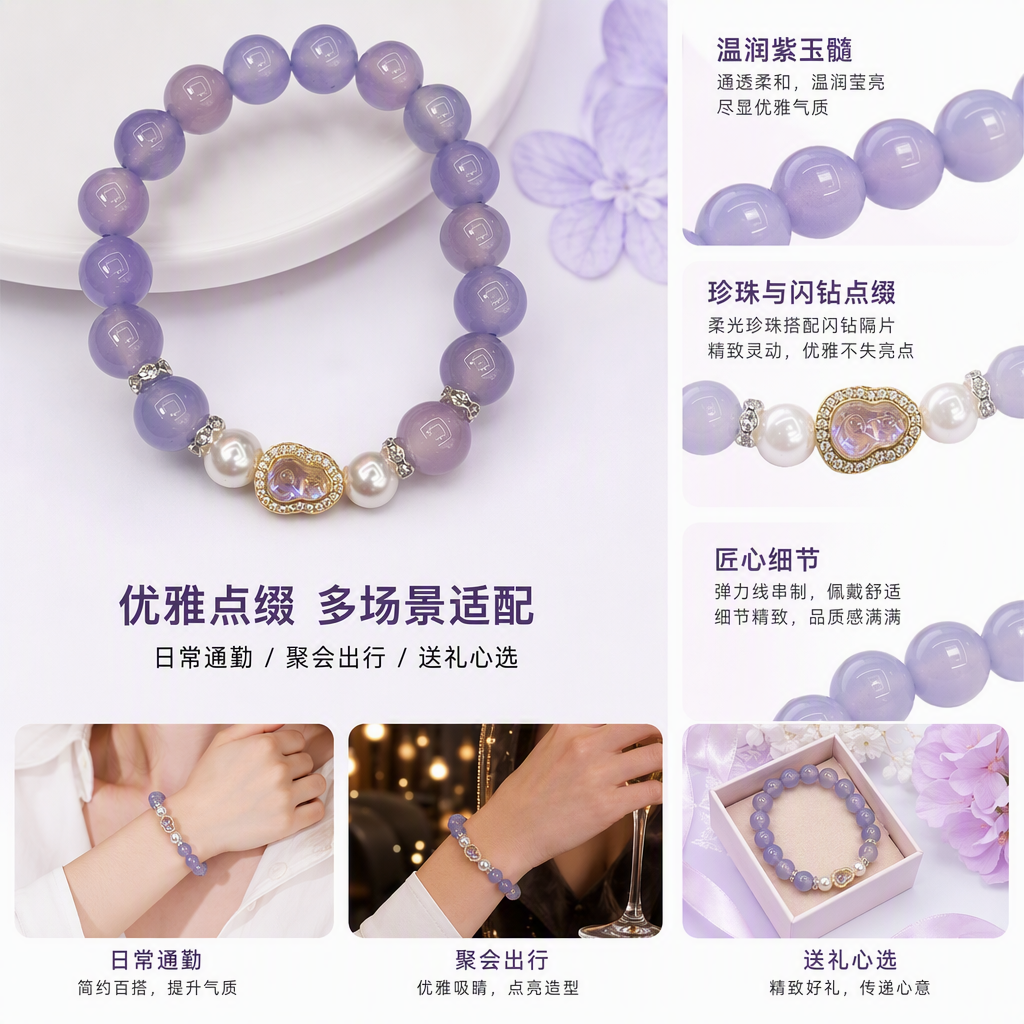 紫色珠串手链中央镶嵌金色心形宝石搭配珍珠装饰时尚优雅手饰品