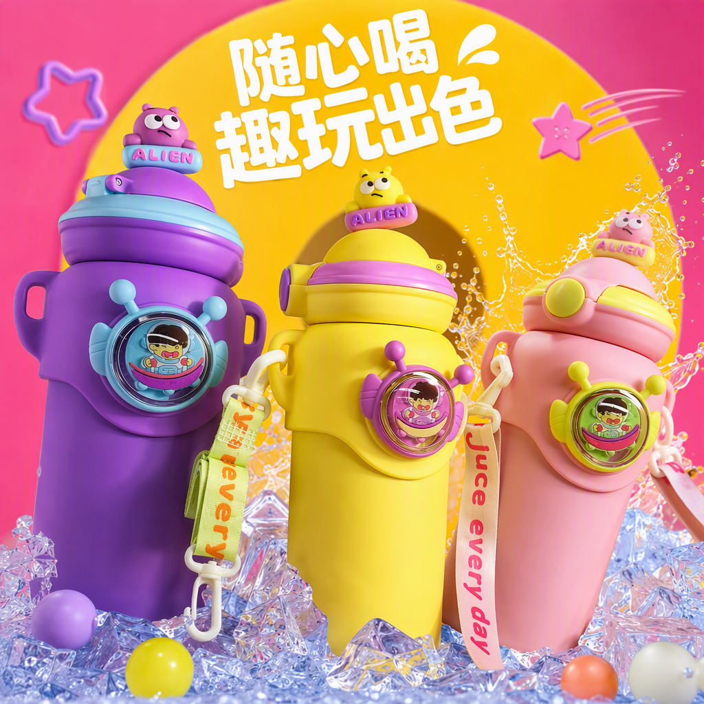 Colorful cartoon pattern children's water cups, leak-proof and durable, baby drinking cups with straws, creative water utensils for students Specification image