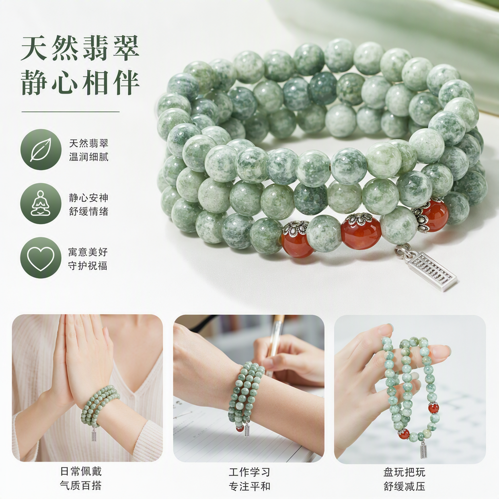 Natural jadeite Xiuyan jade bead bracelet, red agate abacus pendant, handcrafted jewelry, fashionable and elegant, live-streaming selection Specification image