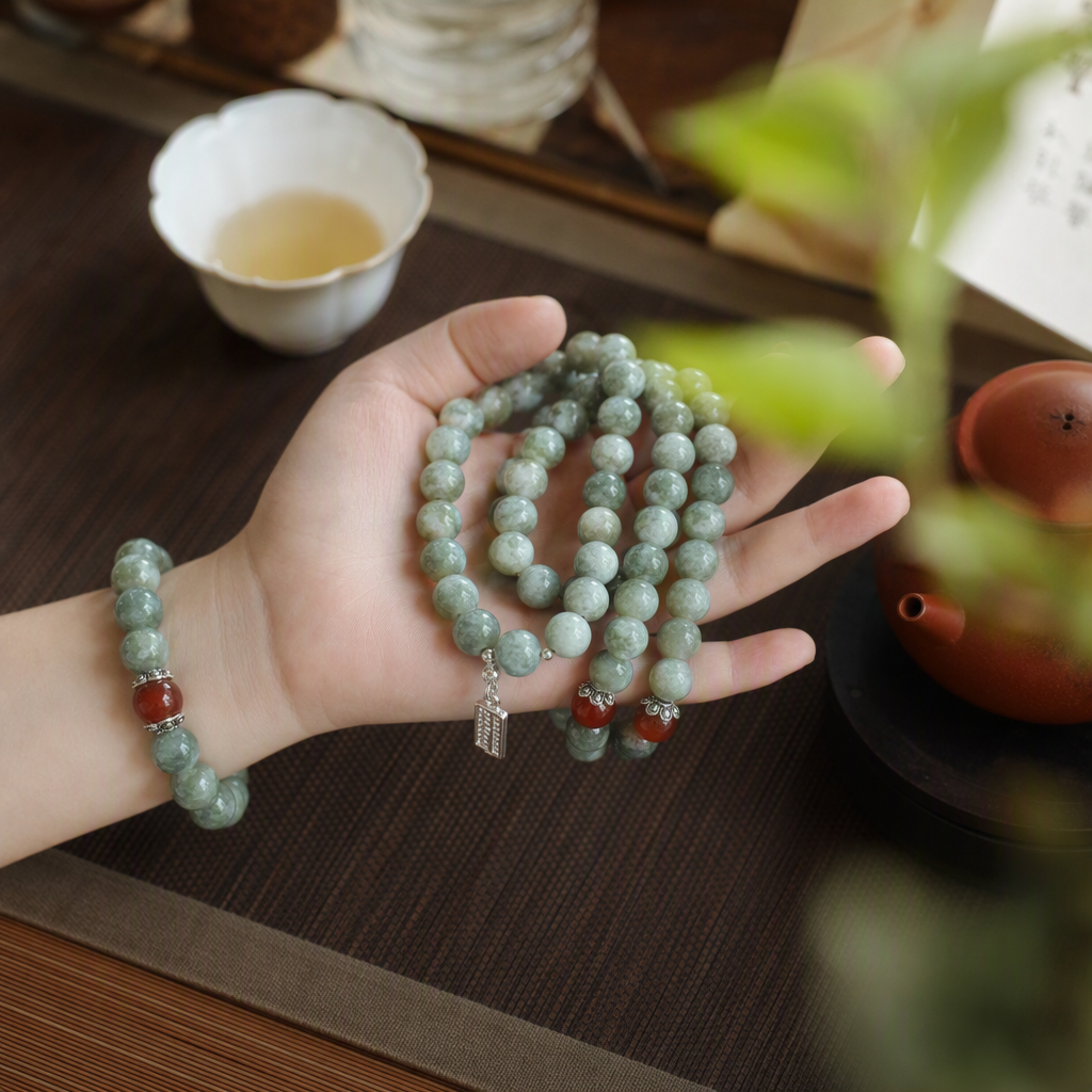 Natural jadeite Xiuyan jade bead bracelet, red agate abacus pendant, handcrafted jewelry, fashionable and elegant, live-streaming selection details Picture