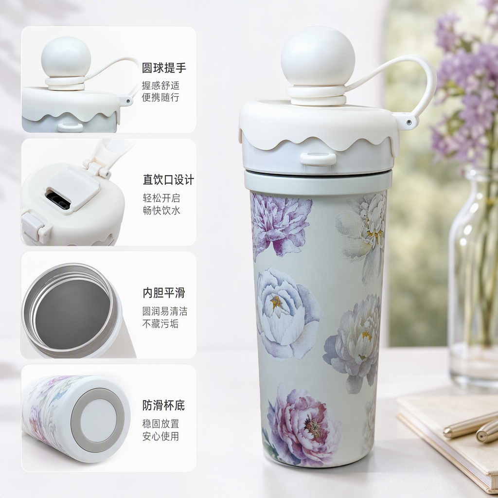 Elegant white floral patterned ceramic water cup, simple and creative household tea cup, coffee cup with handle, capacity 300ml