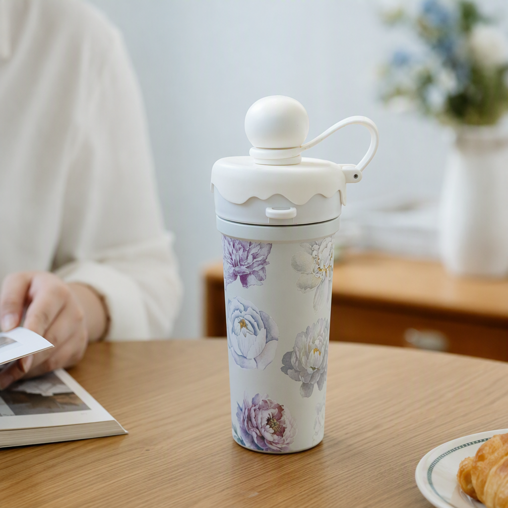 Elegant white floral patterned ceramic water cup, simple and creative household tea cup, coffee cup with handle, capacity 300ml details Picture