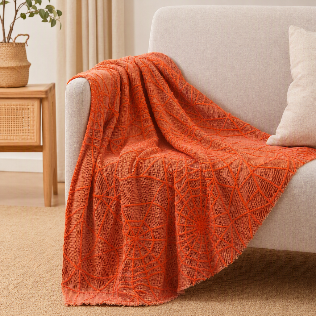 Fashionable orange spider web pattern knitted fabric, comfortable, breathable and casual clothing fabric material details Picture