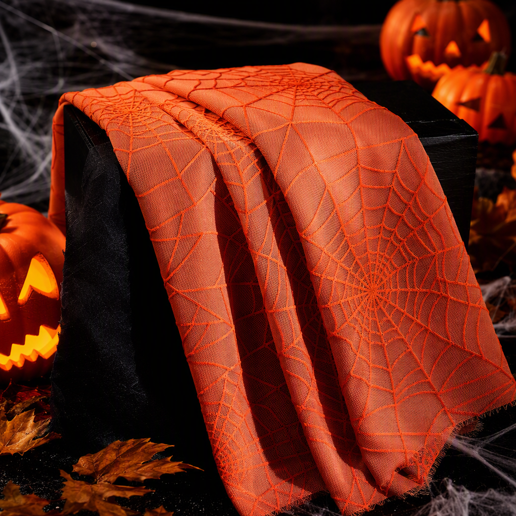Fashionable orange spider web pattern knitted fabric, comfortable, breathable and casual clothing fabric material Specification image