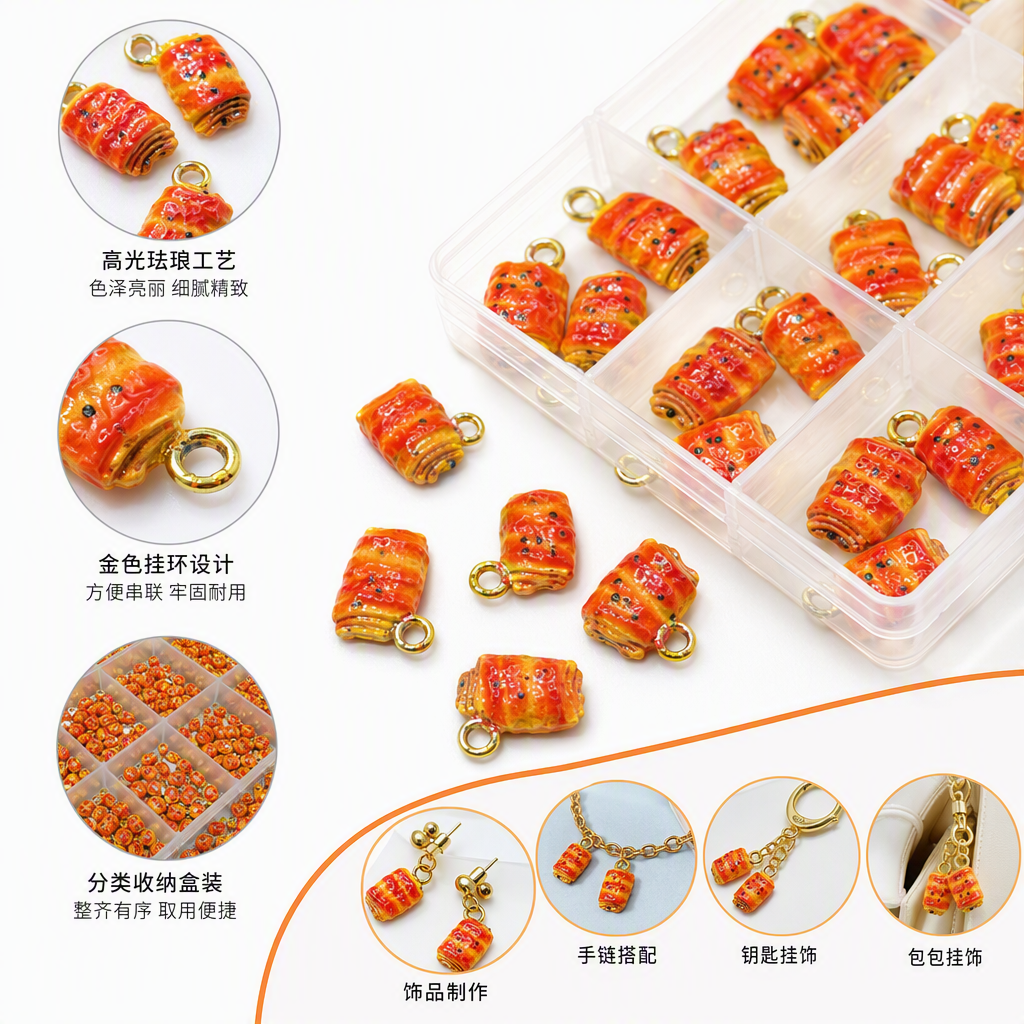 Orange-red striped roll-shaped pendant holder, multiple three-dimensional food ornaments, black dots decorated with golden rings, fashionable and personalized pendant