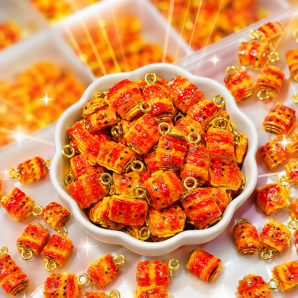 Orange-red striped roll-shaped pendant holder, multiple three-dimensional food ornaments, black dots decorated with golden rings, fashionable and personalized pendant Specification image