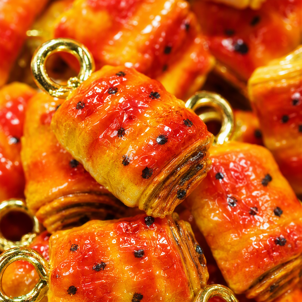 Orange-red striped roll-shaped pendant holder, multiple three-dimensional food ornaments, black dots decorated with golden rings, fashionable and personalized pendant Application Scenario