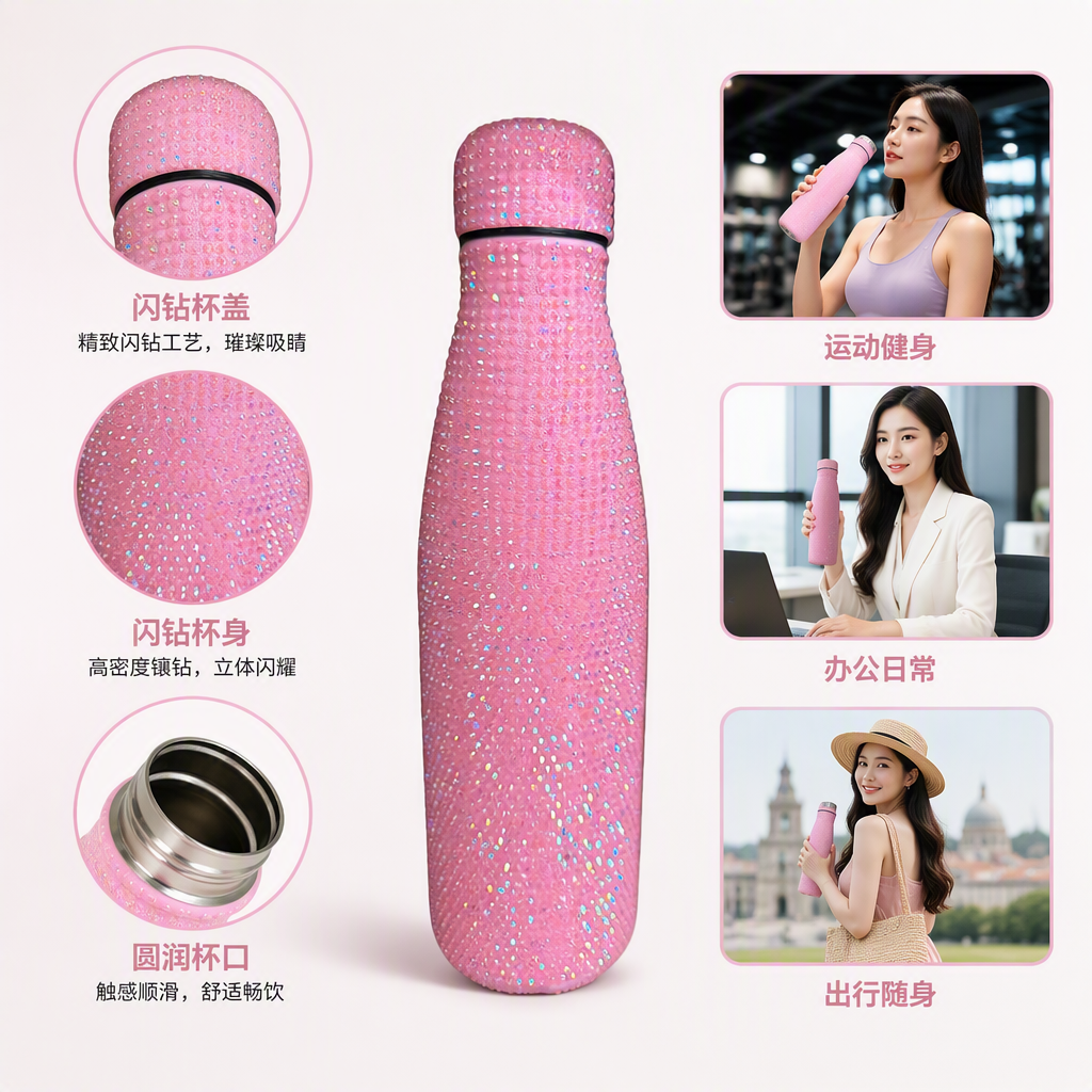 Pink glitter water cup, creative, cute, portable and fashionable glass cup with lid, leak-proof, student couple gift
