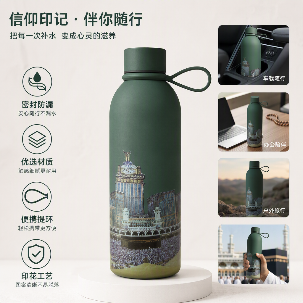 Creative colorful insulated cups with the pattern of the sacred Temple of Mecca, fashionable and portable insulated kettles, student sports water cups as gifts
