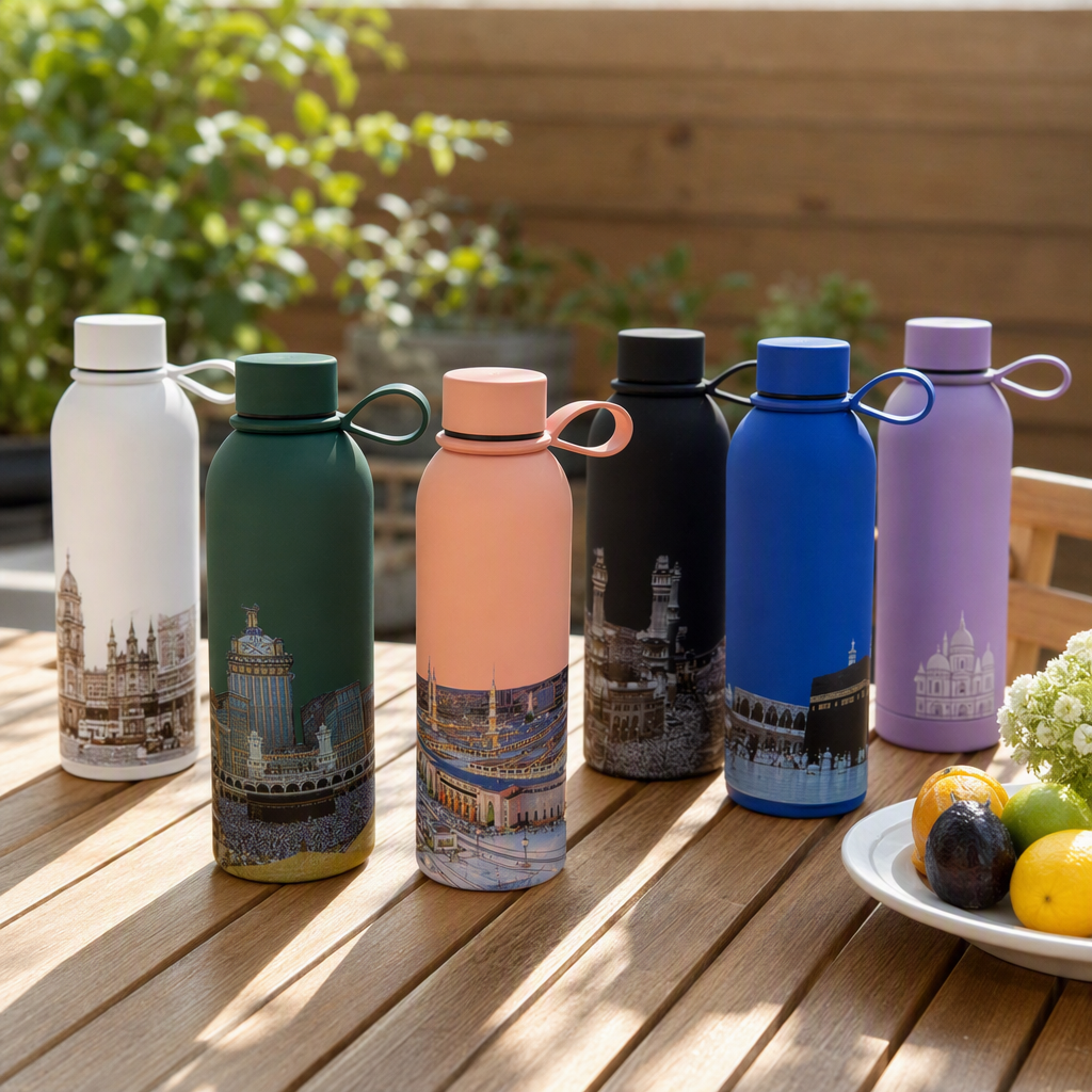 Creative colorful insulated cups with the pattern of the sacred Temple of Mecca, fashionable and portable insulated kettles, student sports water cups as gifts details Picture