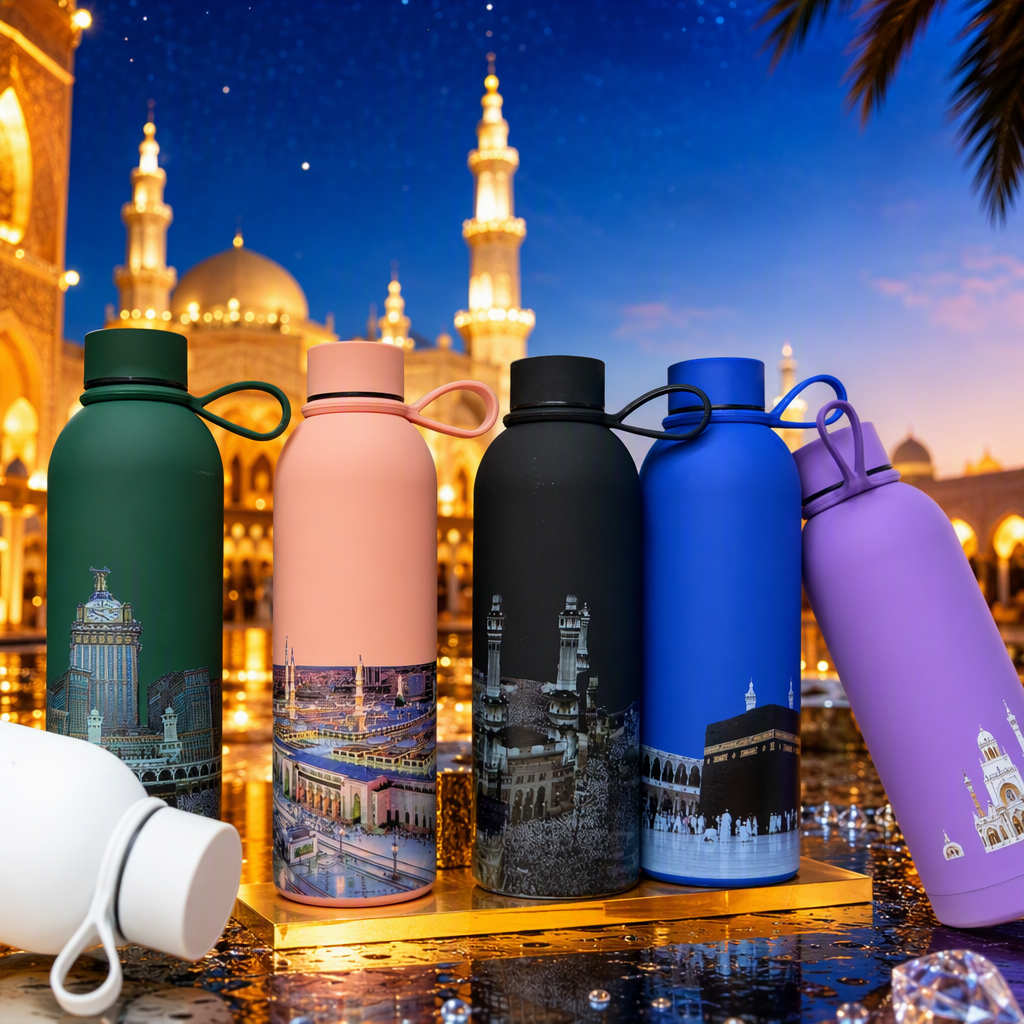 Creative colorful insulated cups with the pattern of the sacred Temple of Mecca, fashionable and portable insulated kettles, student sports water cups as gifts Specification image