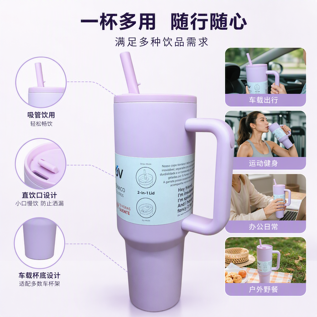 Creative purple insulated cup, large-capacity stainless steel portable insulated cold water cup, fashionable student outdoor sports equipment