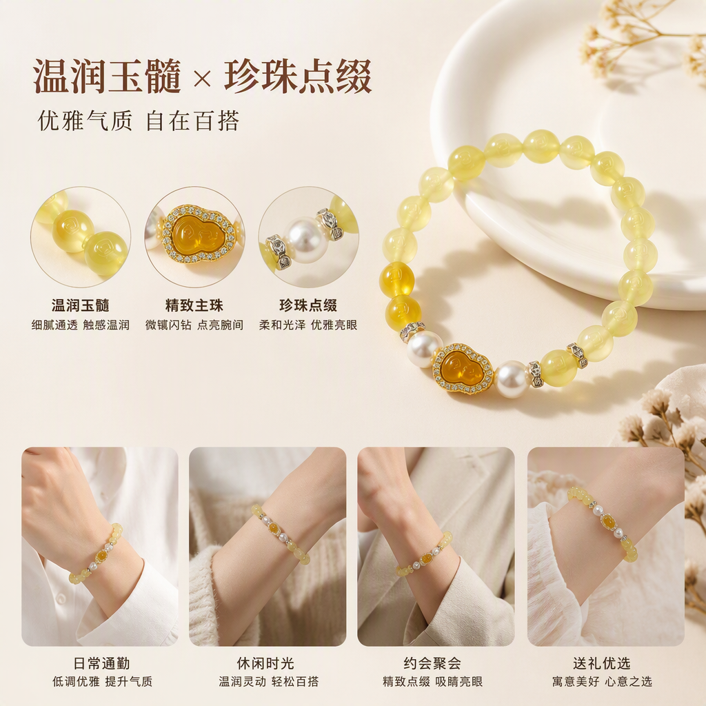 时尚黄色珠串手链中央葫芦金边钻饰配珍珠女款手饰品潮流百搭
