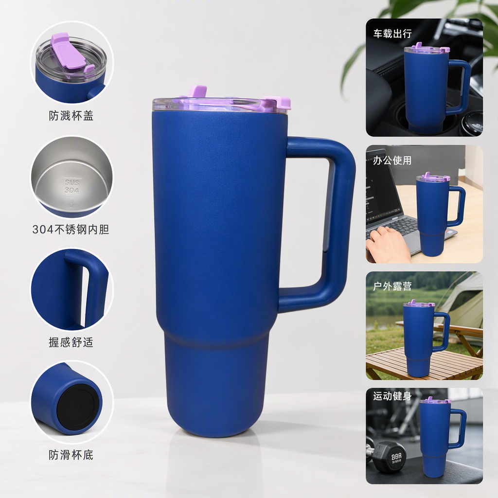 Stainless steel large-capacity portable insulated cup, leak-proof, fashionable blue student outdoor sports water bottle gift