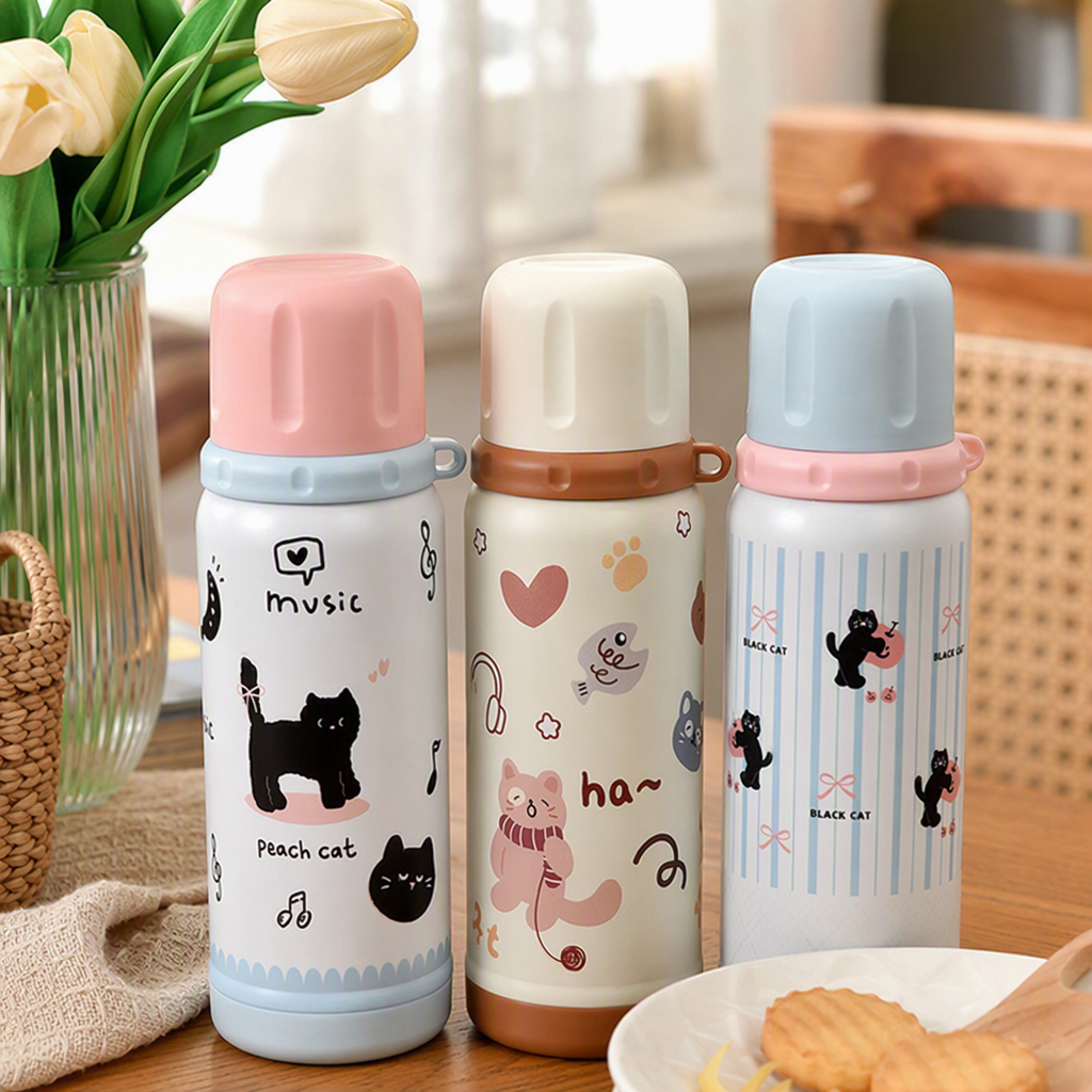 Cute cat-patterned thermos cup, multi-color lid, white bottle body, heat-resistant and heat-insulating portable student office gift details Picture